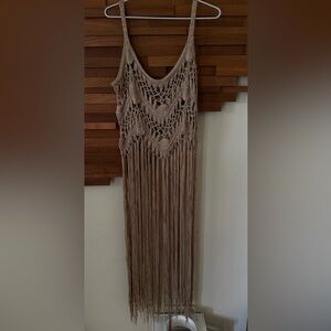 Crochet Fringe Maxi Dress in Taupe